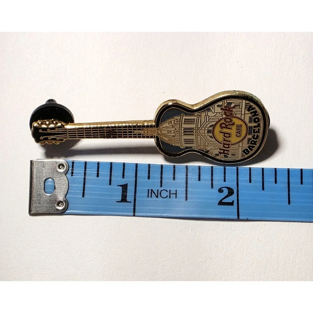 Vintage Hard Rock Cafe Barcelona Gold Tone and Enamel Guitar Brooch Pin